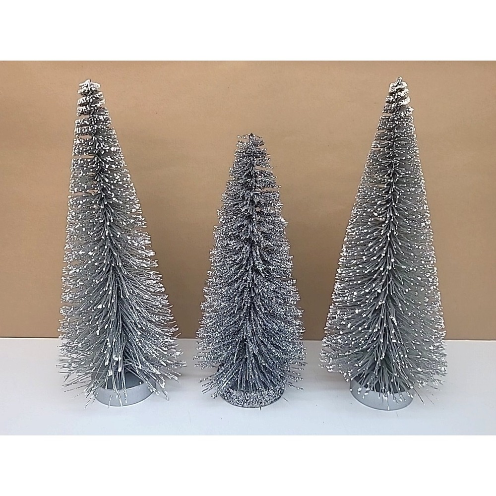 Set Of 3 Silver Glitter Bottle Brush‎ Christmas Trees-2 White Tipped-8.5"/9.5"H